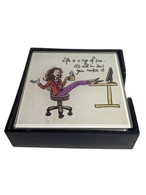 Tea Themed Glass Coaster Set Of 4 With Holder Fun Quotes Illustrations Desk Home